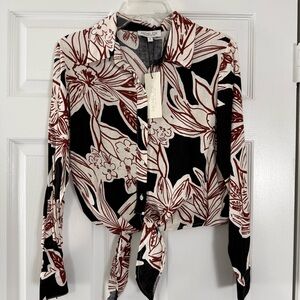 NEW Linen Blend Floral Button Down Cropped Shirt with Front Tie Small